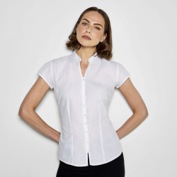 Tailored Fit Mandarin Collar Poplin Blouse Cap Sleeve